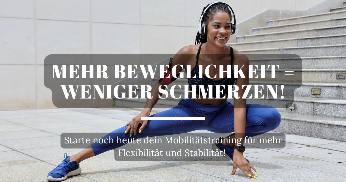 Frau macht eine Dehnübung im seitlichen Ausfallschritt, um ihre Beweglichkeit und Flexibilität zu verbessern.