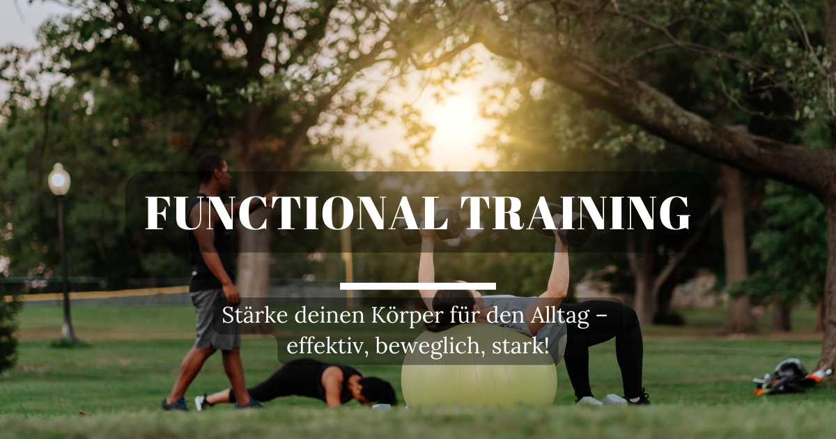 Mehrere Menschen trainieren im Park funktionelle Übungen in der Sonne, mit Kettlebells, Liegestützen und Balance-Übungen.