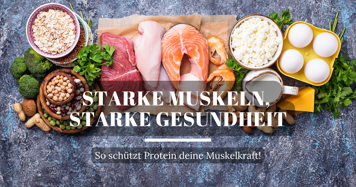 Tisch voller eiweißreicher Lebensmittel: Lachs, Nüsse, Eier, Hüttenkäse, Fleisch – optimale Proteinquellen für Muskelaufbau und Gesundheit.
