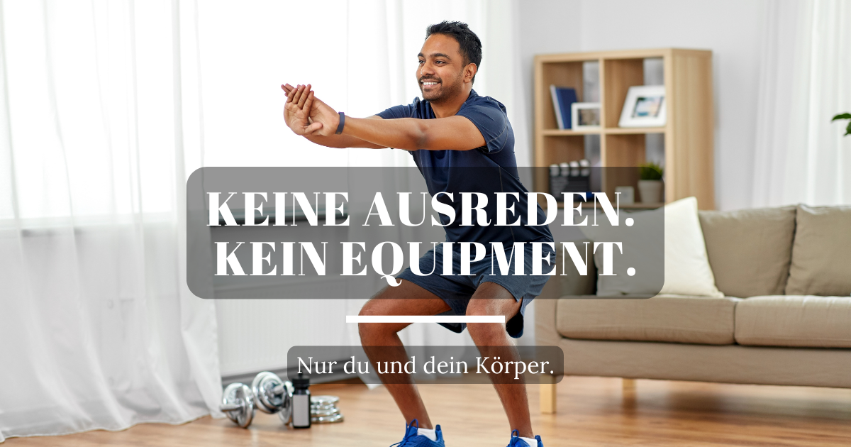 Ein Mann macht Zuhause Kniebeugen – Symbol für funktionelles Training ohne Geräte, Kraftaufbau und Beweglichkeit im Alltag.
