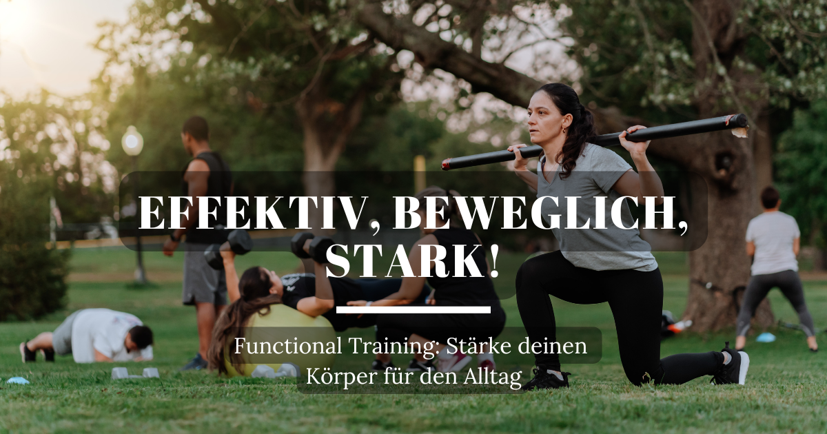 Mehrere Menschen trainieren im Park funktionelle Übungen in der Sonne, mit Kettlebells, Liegestützen und Balance-Übungen.
