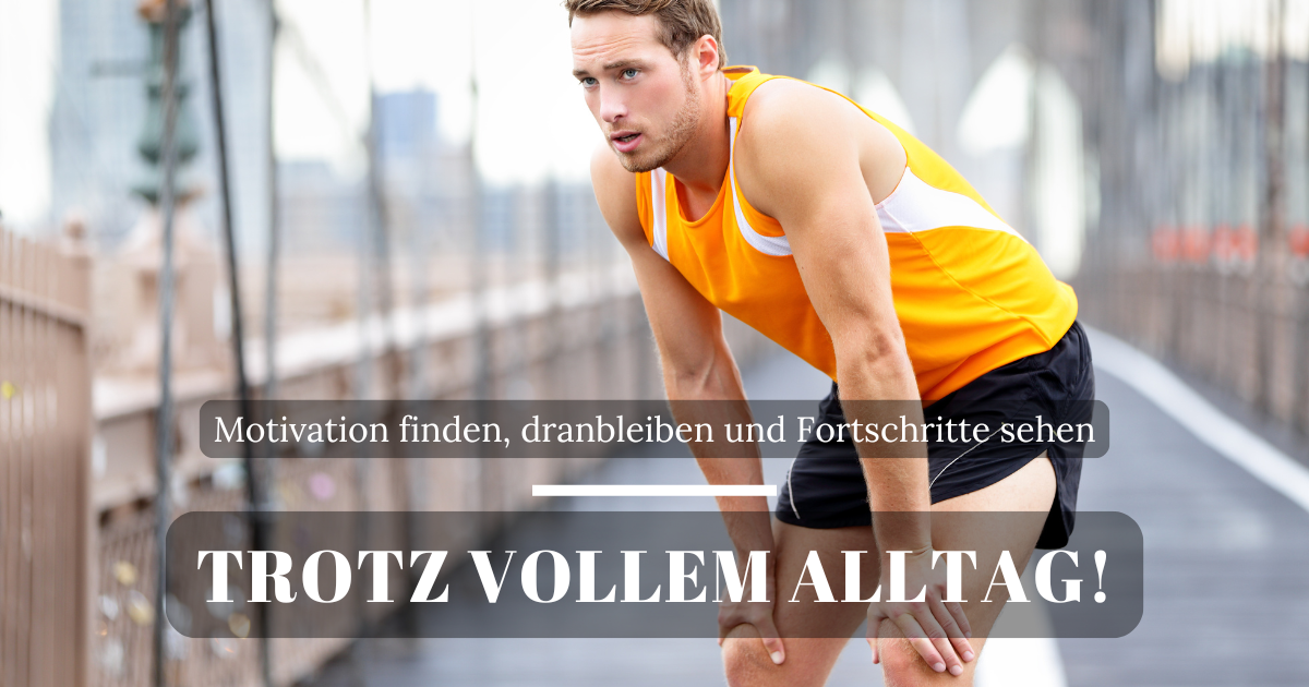 Mann macht Laufpause, stützt sich auf die Knie, trägt Sportbekleidung und Ohrstöpsel, draußen in der Natur.