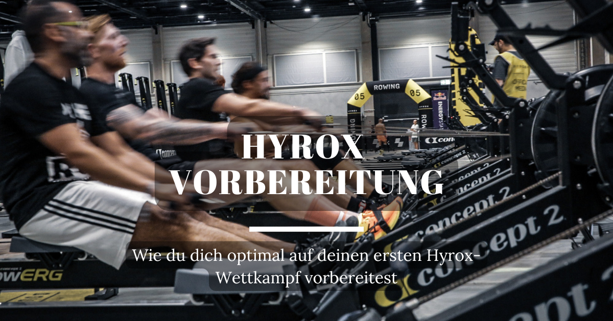 Person bereitet sich auf einen Hyrox-Wettkampf vor, mit Trainingseinheiten, Ausdauer- und Kraftübungen.